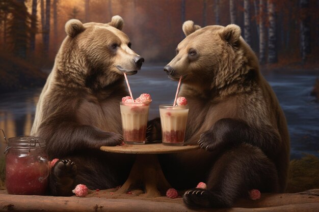 Zdjęcie słodka para niedźwiedzi pijąca koktajle.