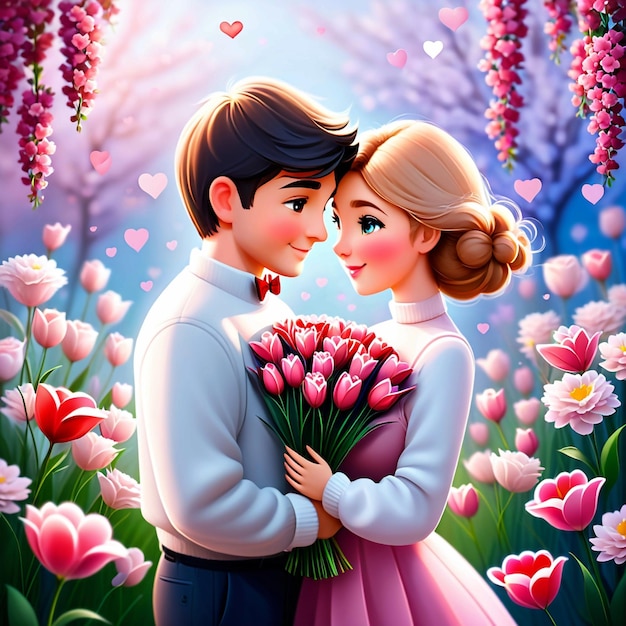 Zdjęcie słodka para z kwiatami rozmyte tło miłości szczęśliwy dzień walentynki