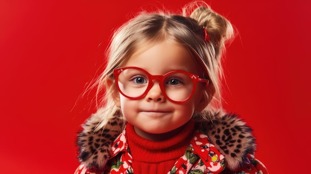 Słodka pedantyczna dziewczyna z okularami na czerwonym tle