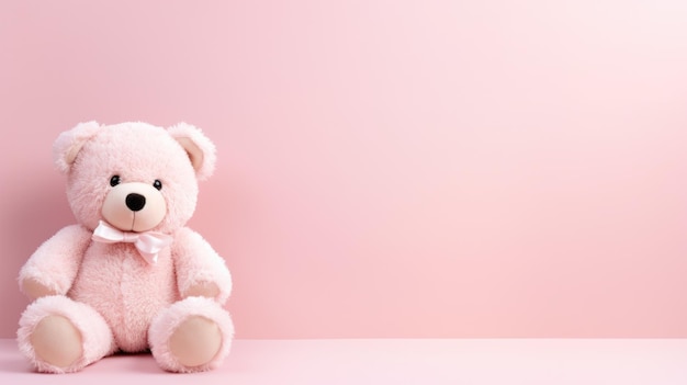 Słodka pluszowa zabawka z niedźwiedziem na blado-różowym tle z generowaną przez AI kopią przestrzeni
