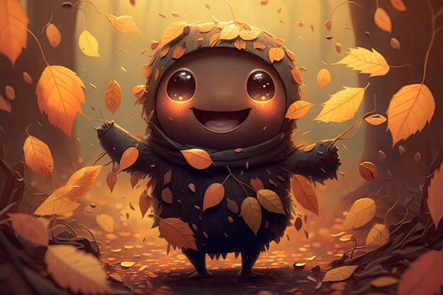 Słodka postać z kreskówki otoczona spadającymi jesiennymi liśćmi z uśmiechem na twarzy