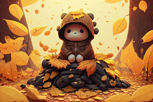 Słodka postać z kreskówki siedząca na stosie jesiennych liści otoczonych lasem