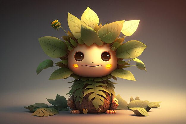 Słodka postać z kreskówki siedząca w promieniach słońca z akcesoriami do liści i kwiatów