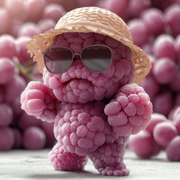 Słodka różowa zabawka z okularami przeciwsłonecznymi i słomkowym kapeluszem
