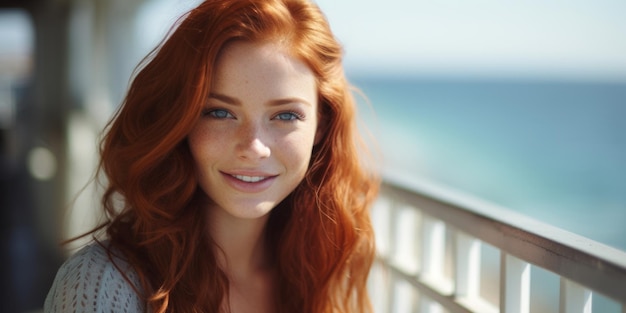 Słodka rudowłosa dziewczyna z pięknym uśmiechem pozuje w pobliżu wybrzeża na molo.