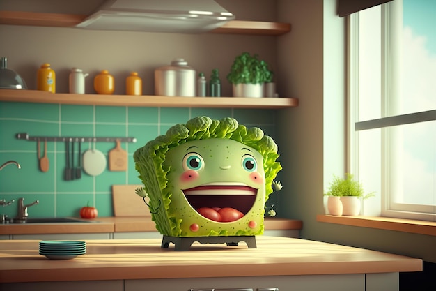Słodka sałata, słodki uśmiech w kuchni, styl renderowania 3D AI Wygenerowana ilustracja