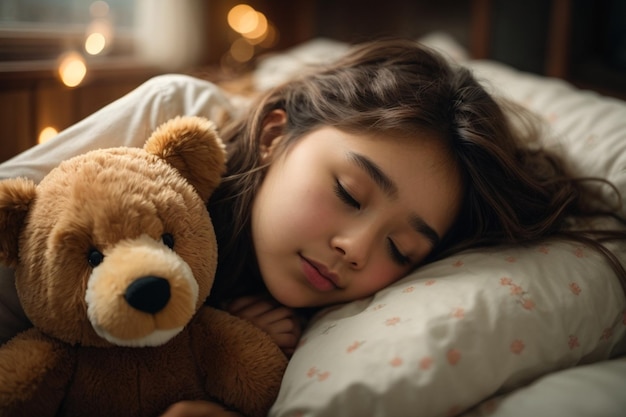 Słodka śpiąca i marząca dziewczyna z niedźwiedziem
