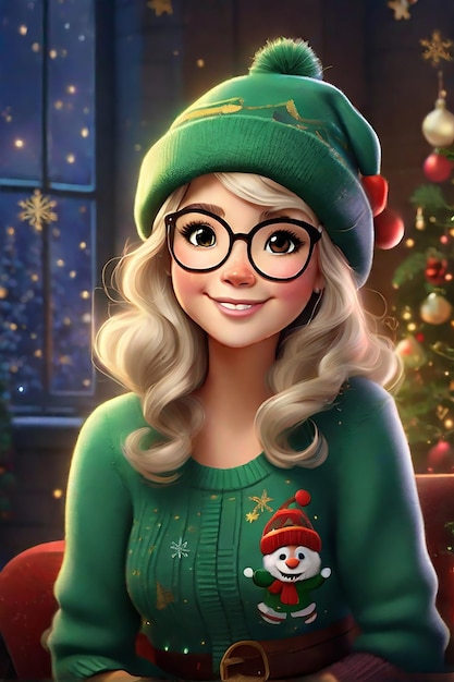 Zdjęcie słodka, starożytna kobieta z sztuki disney'a, ciemny świąteczny kapelusz, świątecznie zielony sweter, generowany przez sztuczną inteligencję.