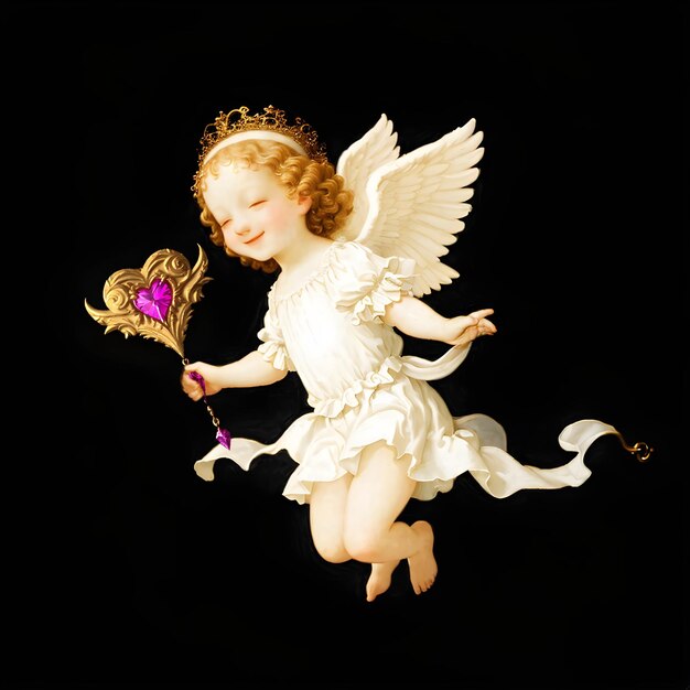 Słodka uśmiechnięta aniołowa dziewczyna z koroną i sceptrem latającymi