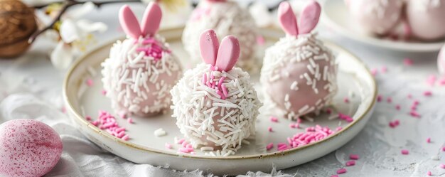 Słodka wielkanocna niespodzianka Fluffy Bunny Tail Cake Balls z dekoracją kokosową i różową