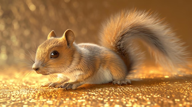 Słodka wiewiórka siedzi na złotej powierzchni. Wiewiórka patrzy na kamerę swoimi dużymi okrągłymi oczami.
