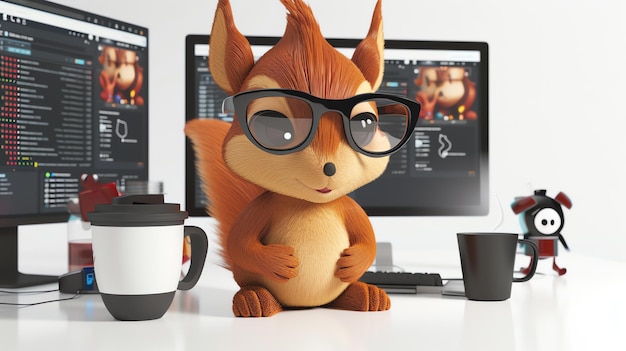 Zdjęcie słodka wiewiórka w okularach z ramionami siedzi na biurku przed dwoma monitorami komputerowymi