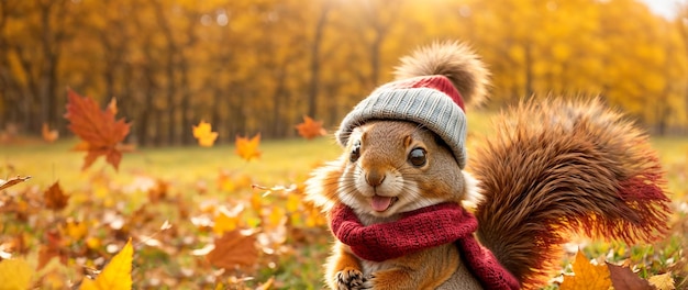 Słodka wiewiórka z kreskówek na polanie z jesiennymi liśćmi