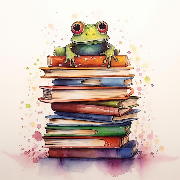 Słodka żaba siedząca na książkach.