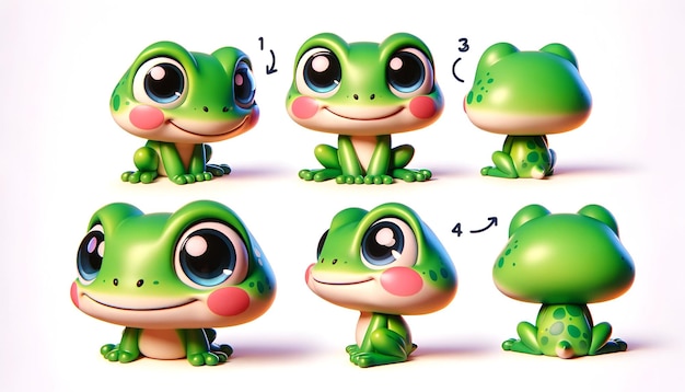 Słodka żaba w czterech różnych pozycjach na białym tle z różnorodnymi wyrażeniami.