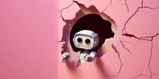 Słodka zabawka-robot wyglądający z dziury w ścianie rozdarta dziura pusta makieta ramki przestrzeń Generatywny obraz AI weber