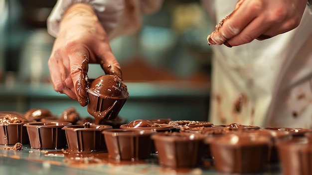 Słodkarz robiący pyszne czekoladowe cukierki w fabryce