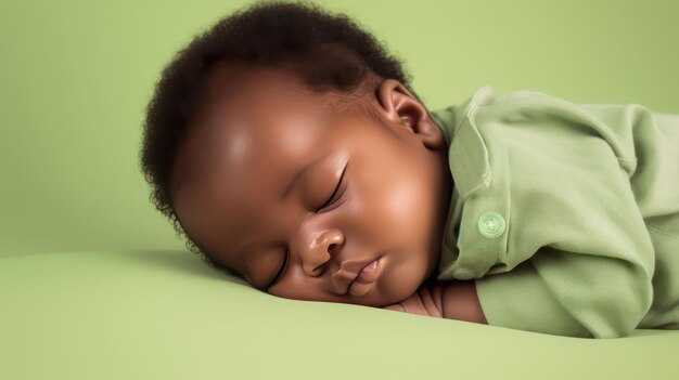 Słodki afrykański chłopiec leżący na podłodze śpi z zamkniętymi oczami na zielonym tle