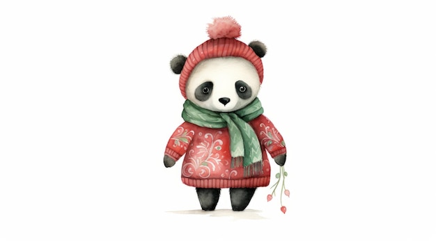 Słodki akwarel panda w stylu świątecznym Zabawne zwierzę w ubraniach
