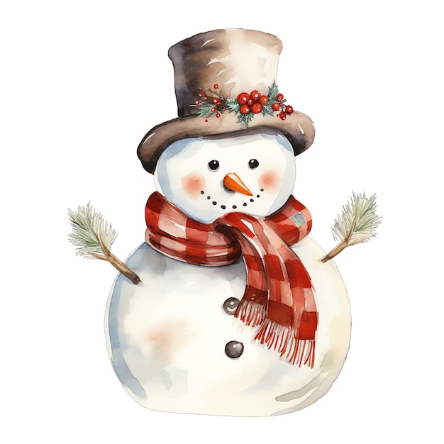 Słodki akwarel szczęśliwy śnieżak z świątecznymi ubraniami ilustracja na Boże Narodzenie