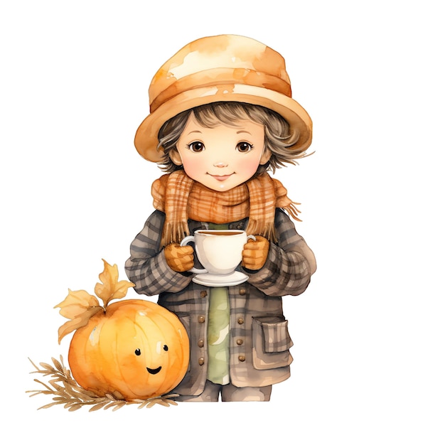 Słodki akwarelowy patchwork chłopiec z farmy jesienią jesienią chłopiec z wiejskiego cottagecore jesienny chłopiec halloween iluzja