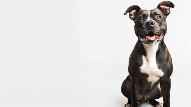 Słodki amerykański Staffordshire Terrier pies siedzący na stałym białym tle z przestrzenią powyżej dla t