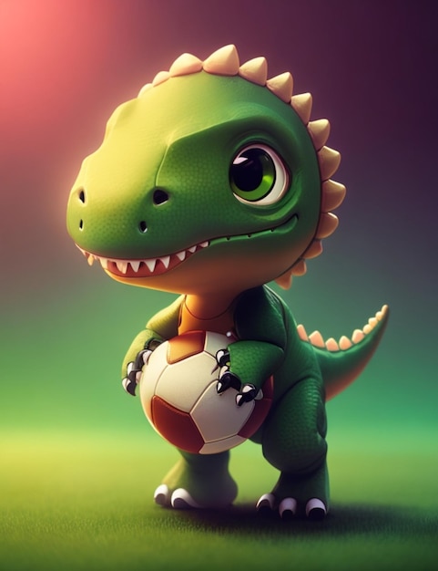 Słodki animowany dinozaur z piłką nożną ilustracją 3D