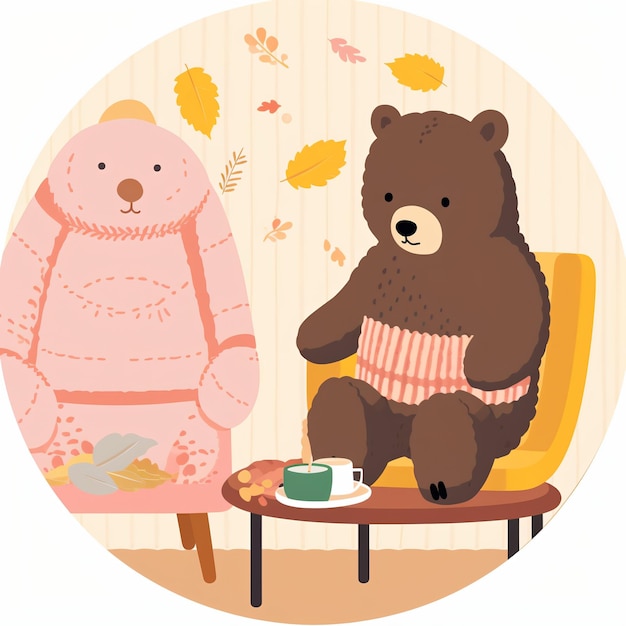 Słodki animowany niedźwiedź siedzący na krześle i pijący herbatę z różowym niedźwiedziem