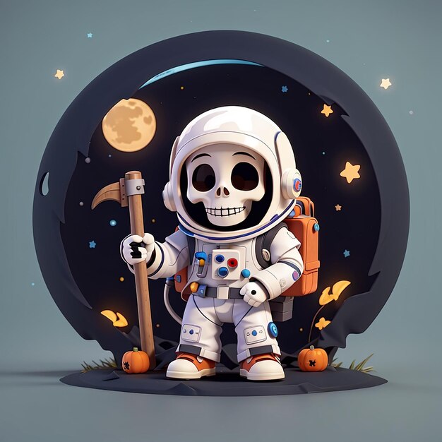 Słodki astronauta Grim Reaper czaszka halloween kreskówka ikonka wektorowa ilustracja nauka mieszkanie wakacyjne