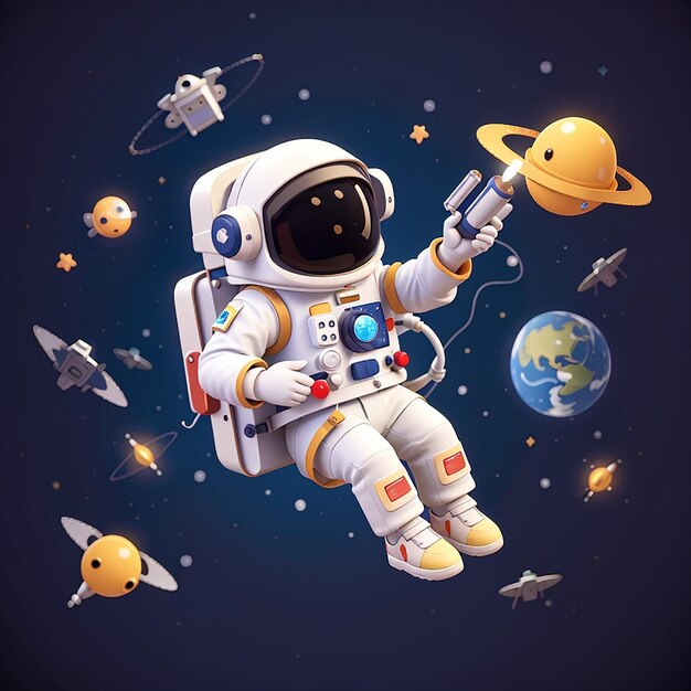 Słodki astronauta pływający z satelitą i rakietą w kosmosie kreskówka ikonka wektorowa ilustracja nauka
