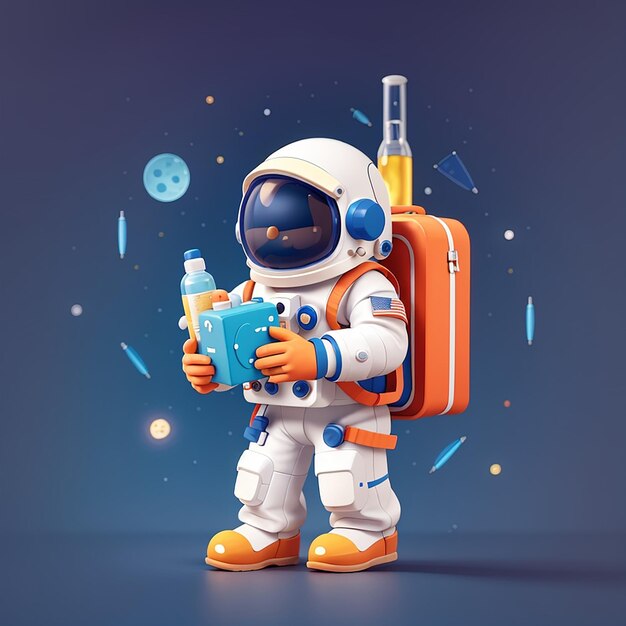 Słodki astronauta trzymający wstrzyknięcie i pudełko do przechowywania leków ikonka wektorowa ilustracja nauka zdrowa ikona koncepcja izolowany premium wektorowy płaski styl kreskówki