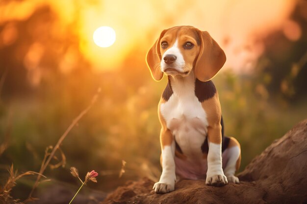 Zdjęcie słodki beagle bawi się na świeżym powietrzu i kopiuje przestrzeń