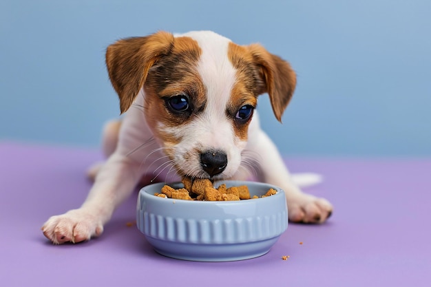 Słodki biały i brązowy pies Jack Russell Terrier jedzący z miski z jedzeniem na fioletowym plecach