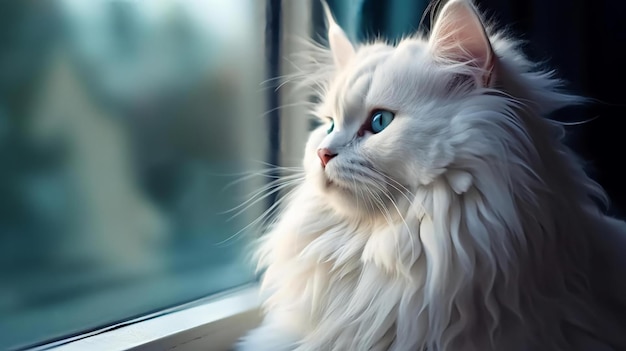Słodki biały kot obok okna generatywny ai