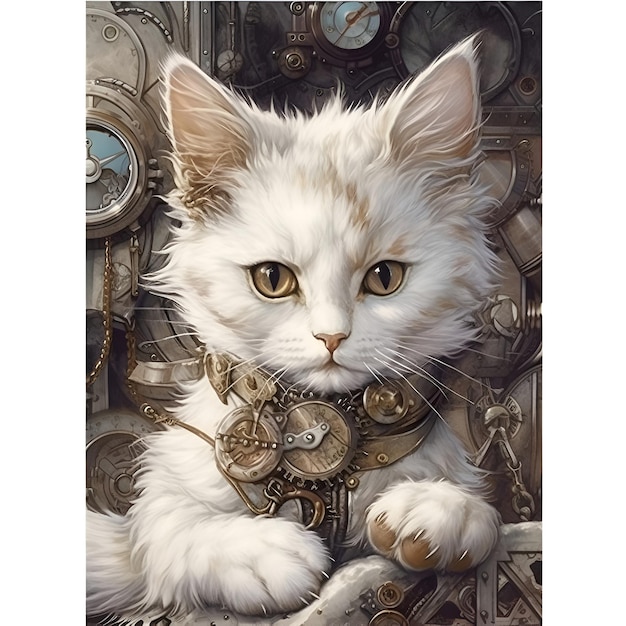 Słodki biały kotek z dużymi oczami w stylu steampunk