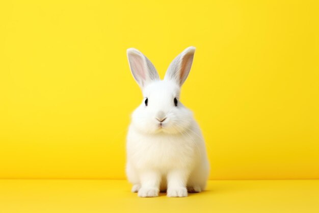 Słodki biały królik na żółtym tle z przestrzenią do kopiowania tekstu
