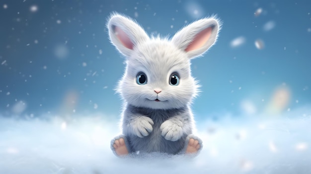 Słodki biały królik w zimowej generatywnej sztucznej inteligencji