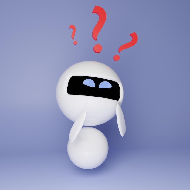 Słodki biały mały robot na niebieskim tle 3D ilustracja z znakami zapytania