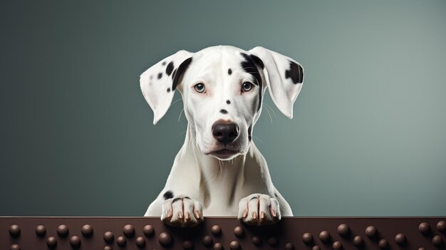 Słodki biały pies z czarnymi kropkami modelujący w studiu Generative Ai