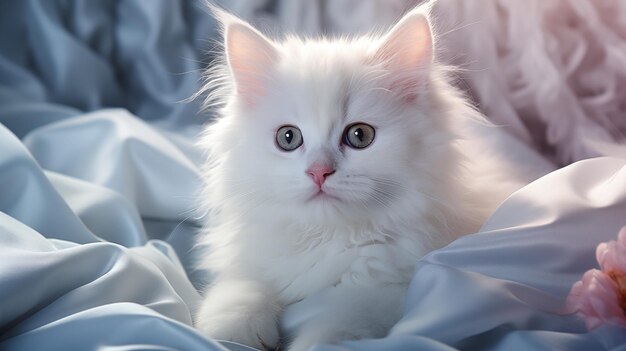 Słodki, biały, puszysty, długowłosy kotek leży w domu na jasnoniebieskim łóżku.
