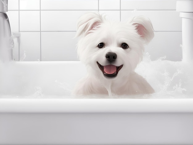 Słodki biały szczeniak kąpie się w wannie Pojęcie czystości i zdrowia Generowanie AI