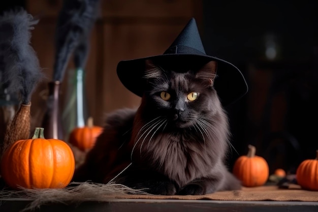 Słodki blak kot w czarnym kapeluszu czarownicy Halloween siedzi z pomarańczowymi dyniami Halloween Zwierzę domowe
