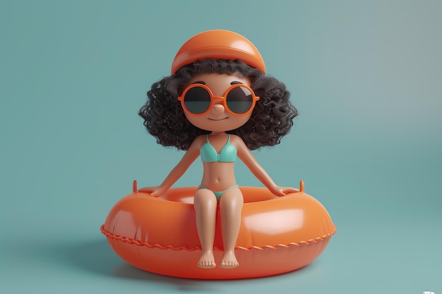 Słodki bohater z kreskówki z kobietą relaksującą się z gumowym pierścieniem w basenie na wakacjach.