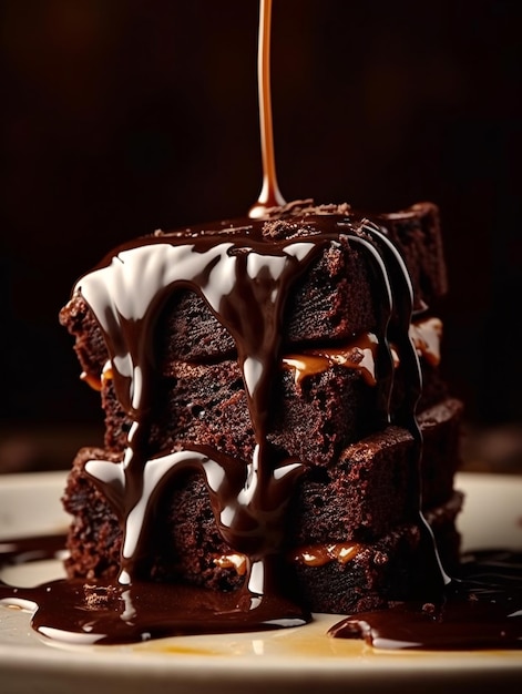 Zdjęcie słodki brownie z syropem czekoladowym