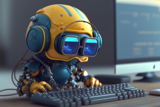 Słodki Chatbot w okularach współpracujący z klawiaturą i komputerem Generative Ai