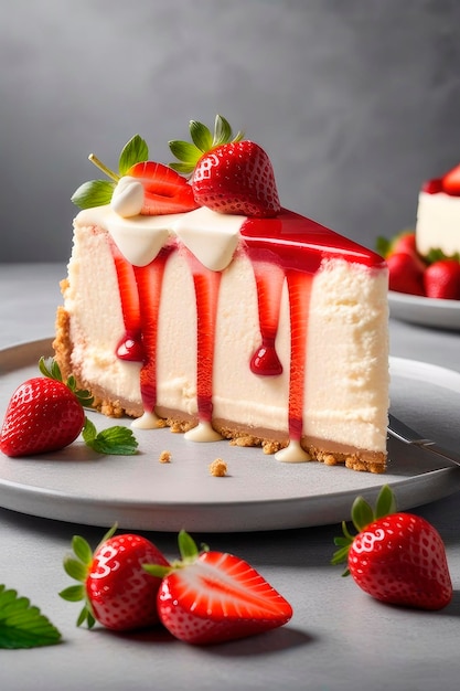 Słodki cheesecake z truskawką na jasno szarym kamiennym tle