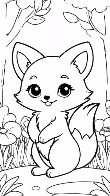 Słodki Chibi Fox Line Art Ręcznie narysowany Kawaii Dzieci ilustrują książki do malowania