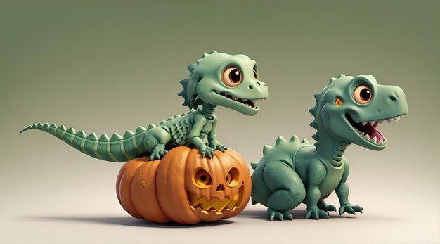 Słodki chibi Skeleton Riding Dinosaur zielony z dynią w stylu halloween AI Generative