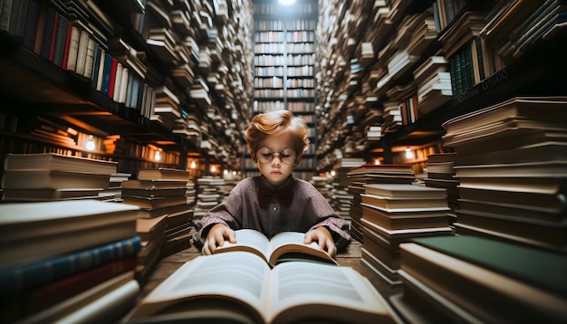 Słodki chłopak z piegami i okularami czytający książkę w stosach książek Koncepcja ucznia szkoły