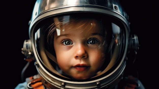 Słodki chłopczyk ubrany jest w kostium astronauty, a jego oczy są pełne ciekawości